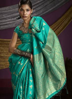 Turquoise handloom silk blend weaving saree 4