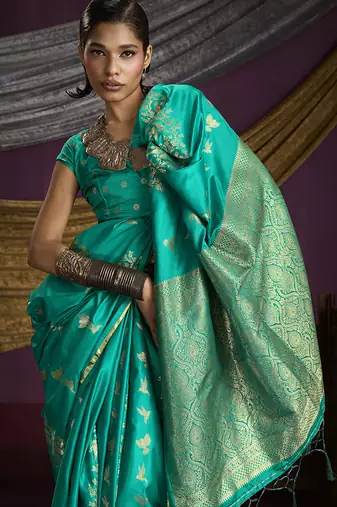 Turquoise handloom silk blend weaving saree