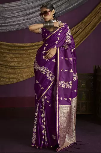 Purple handloom silk blend weaving saree