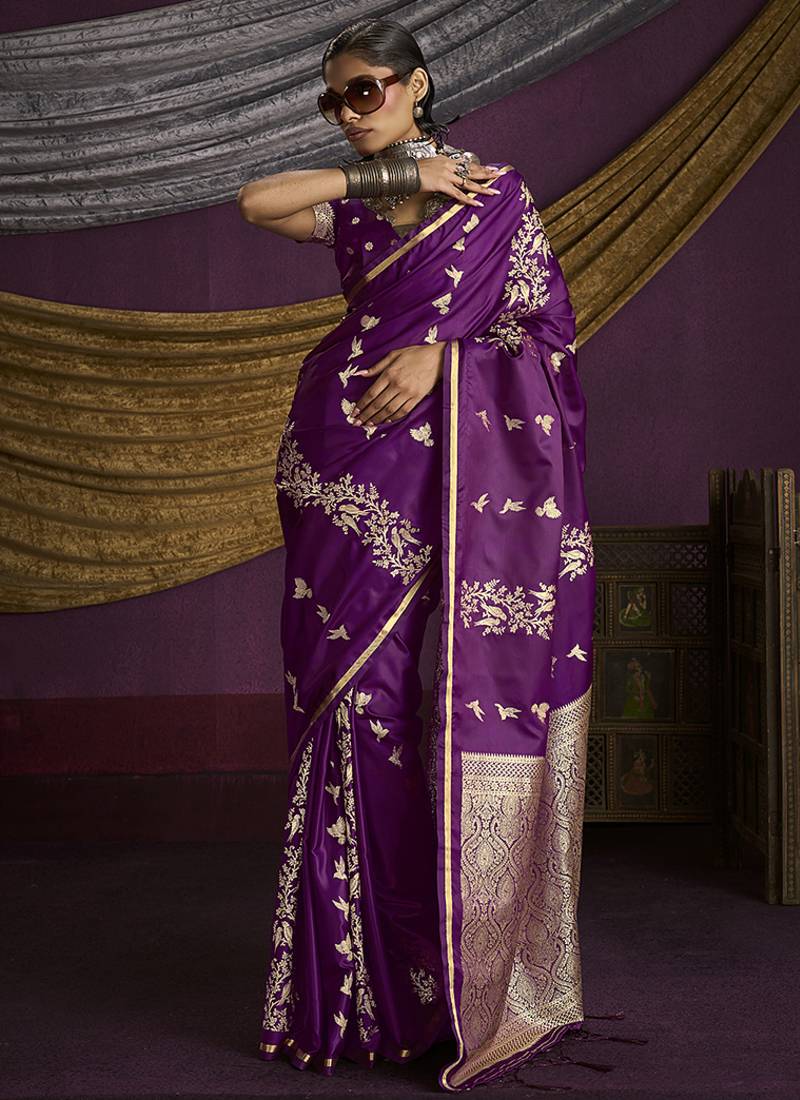 Purple handloom silk blend weaving saree