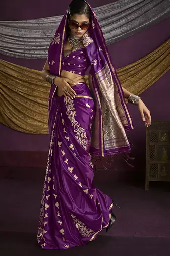 Purple handloom silk blend weaving saree