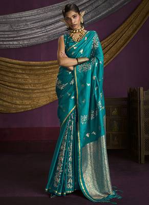 Teal handloom silk blend weaving saree 1