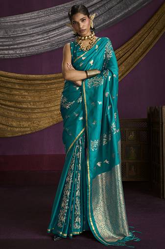 Teal handloom silk blend weaving saree