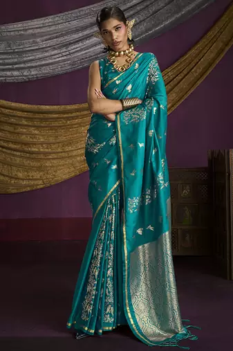 Teal handloom silk blend weaving saree
