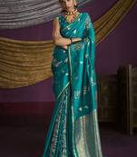 Teal handloom silk blend weaving saree
