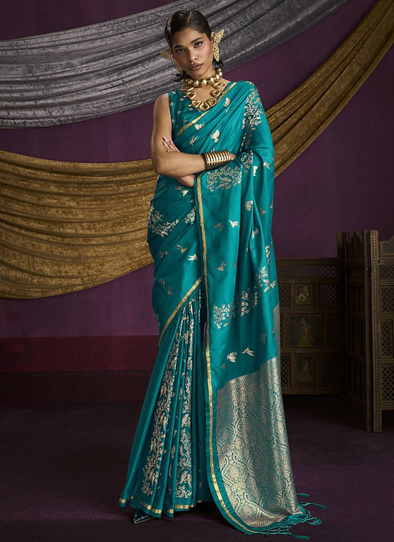 Teal handloom silk blend weaving saree