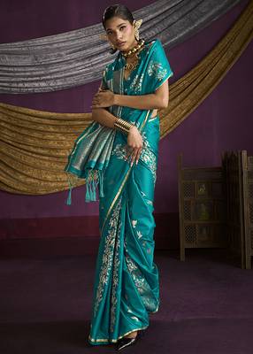 Teal handloom silk blend weaving saree 2