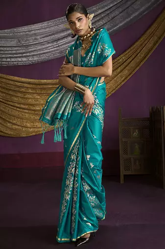 Teal handloom silk blend weaving saree