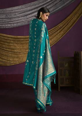 Teal handloom silk blend weaving saree 3