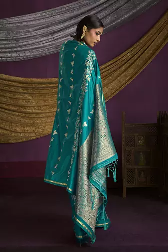 Teal handloom silk blend weaving saree