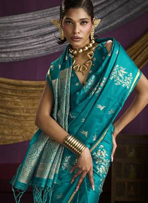 Teal handloom silk blend weaving saree 4