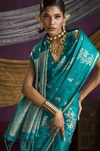 Teal handloom silk blend weaving saree