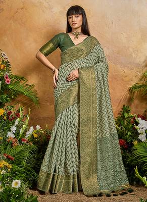 Weaving handloom viscose cotton green saree 1