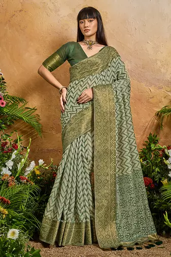 Weaving handloom viscose cotton green saree