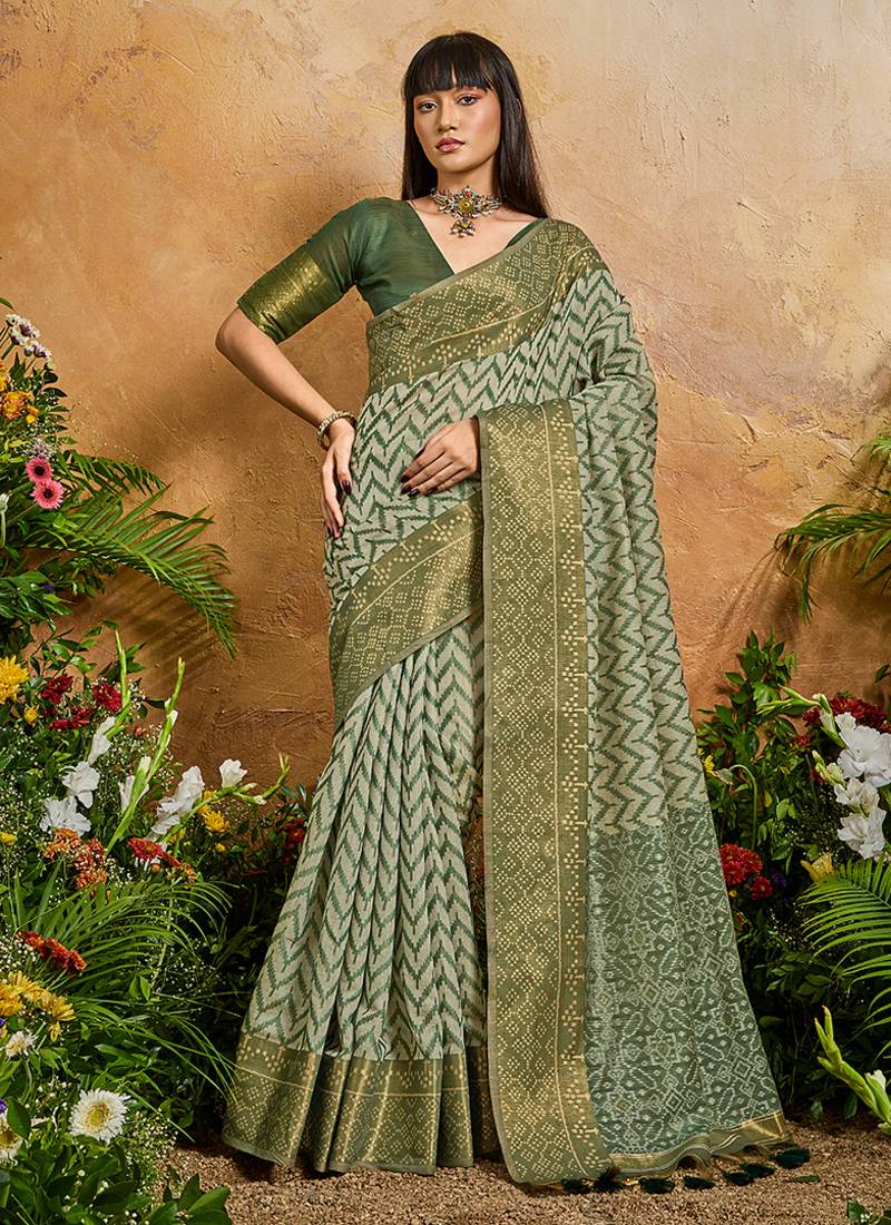 Weaving handloom viscose cotton green saree