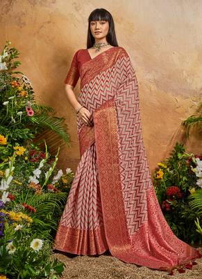 Weaving handloom viscose cotton red saree 1