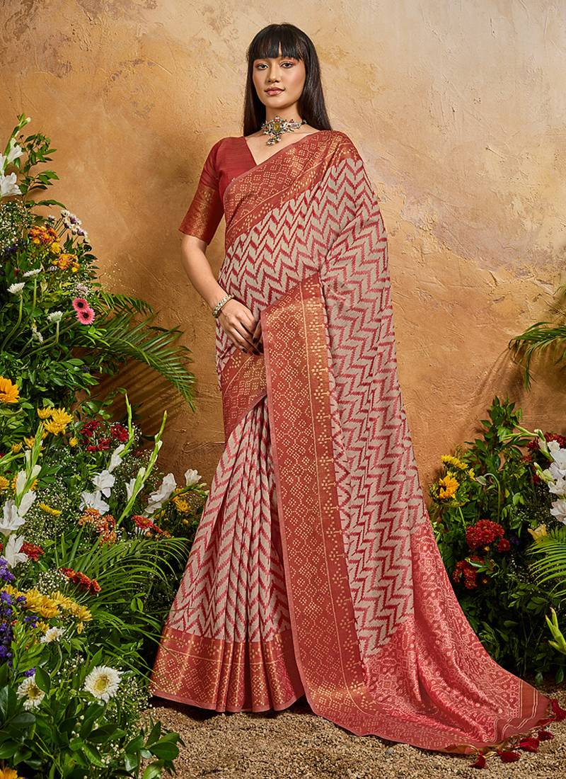 Weaving handloom viscose cotton red saree