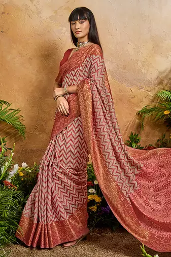 Weaving handloom viscose cotton red saree