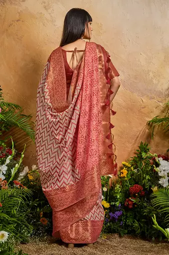 Weaving handloom viscose cotton red saree