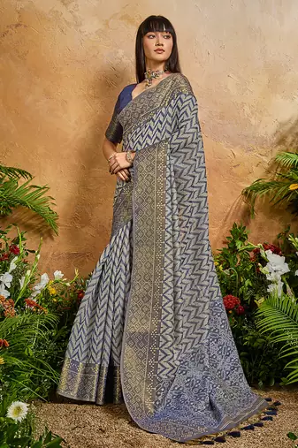 Weaving handloom viscose cotton navy blue saree