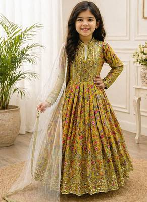 Kids chinon silk digital print with embroidered work wedding gown 1