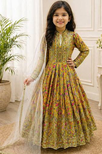 Kids chinon silk digital print with embroidered work wedding gown