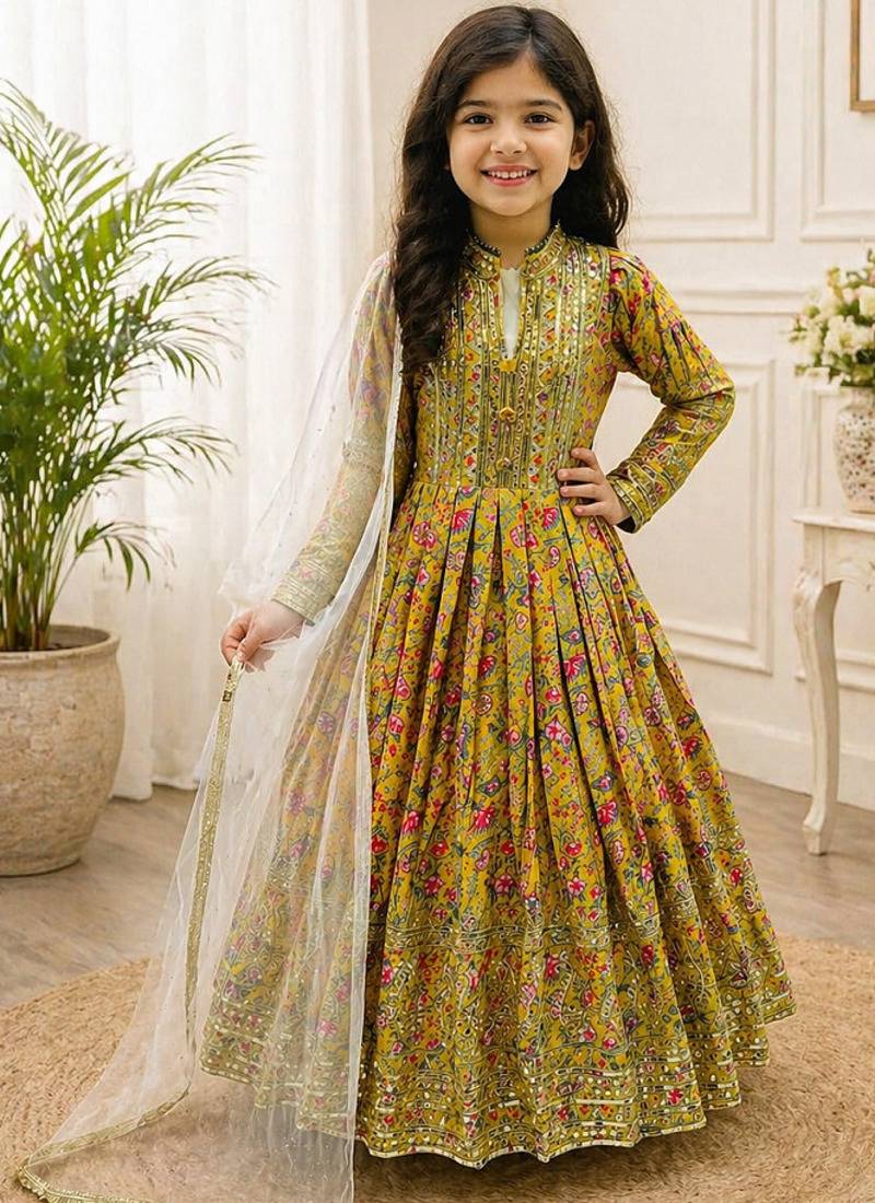 Kids chinon silk digital print with embroidered work wedding gown