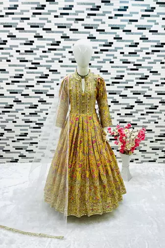 Kids chinon silk digital print with embroidered work wedding gown