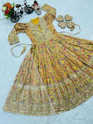 Kids chinon silk digital print with embroidered work wedding gown 3