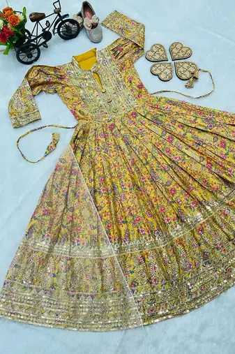 Kids chinon silk digital print with embroidered work wedding gown