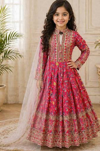 Kids chinon silk digital print with embroidered work wedding gown