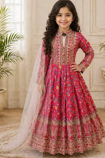 Kids chinon silk digital print with embroidered work wedding gown