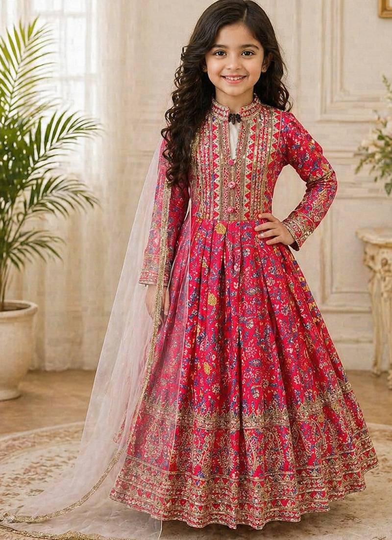 Kids chinon silk digital print with embroidered work wedding gown