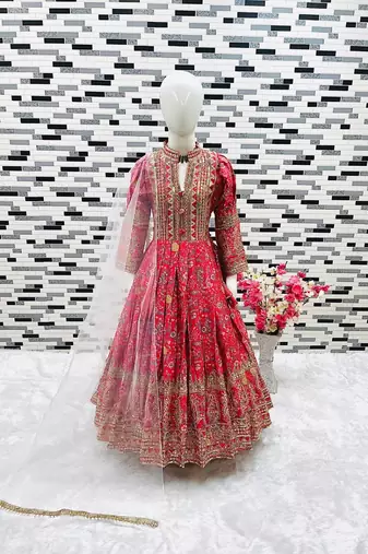 Kids chinon silk digital print with embroidered work wedding gown