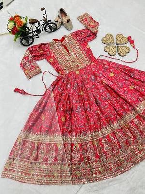 Kids chinon silk digital print with embroidered work wedding gown 3