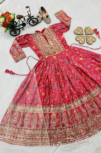 Kids chinon silk digital print with embroidered work wedding gown