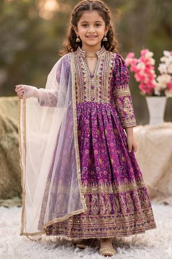 Kids chinon silk digital print with embroidered work wedding gown