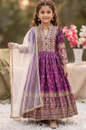 Kids chinon silk digital print with embroidered work wedding gown