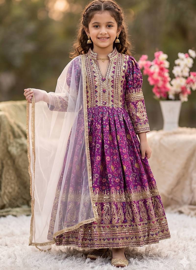 Kids chinon silk digital print with embroidered work wedding gown
