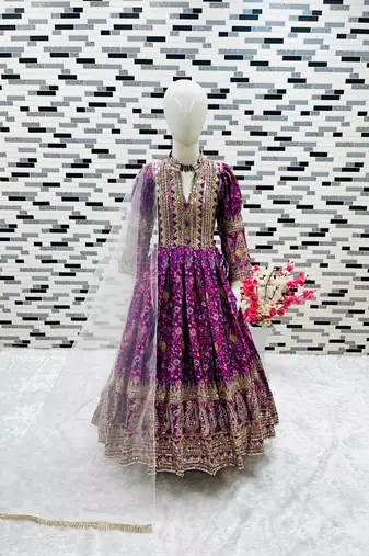 Kids chinon silk digital print with embroidered work wedding gown