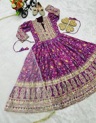 Kids chinon silk digital print with embroidered work wedding gown 3