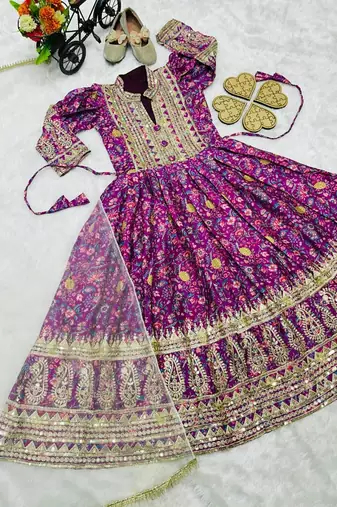 Kids chinon silk digital print with embroidered work wedding gown