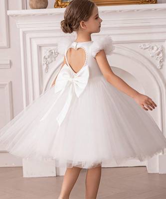 White embellished net party wear fit & flare girls dress 2