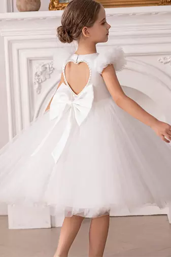 White embellished net party wear fit & flare girls dress