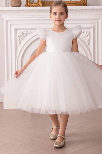 White embellished net party wear fit & flare girls dress