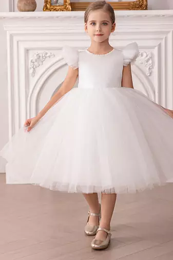 White embellished net party wear fit & flare girls dress