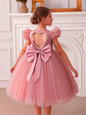 Pink embellished net party wear fit & flare girls dress 2