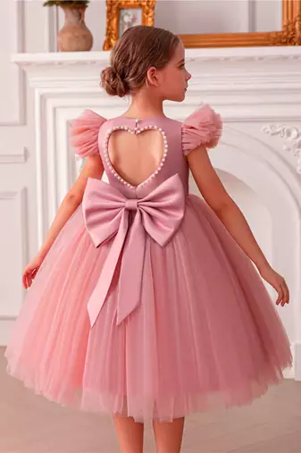 Pink embellished net party wear fit & flare girls dress