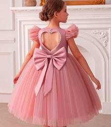 Pink embellished net party wear fit & flare girls dress