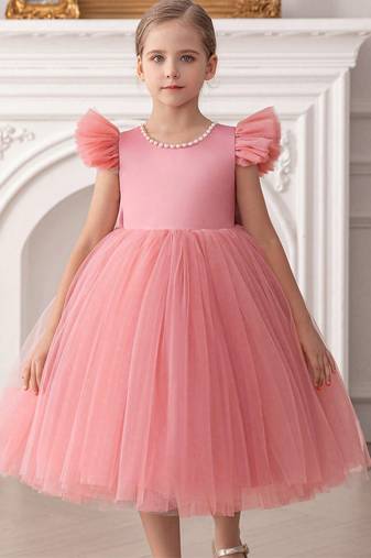 Pink embellished net party wear fit & flare girls dress